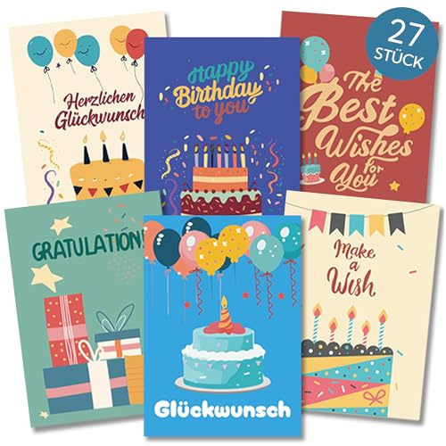 BIROYAL Geburtstagskarte, Geburtstagskarten Set mit Umschlag,140x100 mm - 300g Dickes Papier, Set 27 karten Happy Birthday, ideal als Grußkarte oder Gutschein für Mädchen & Jungen