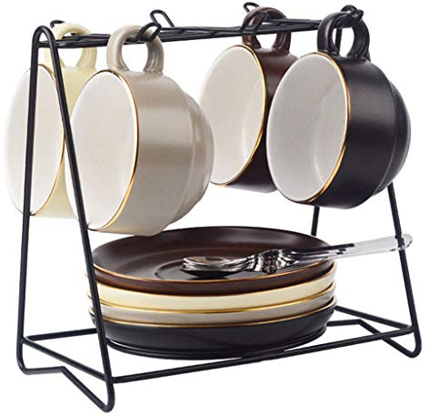 DLAZUM Juego de Tazas Juego de Tazas de café de cerámica, 4 Tazas y platillos 4, 4 cucharas, con Soporte para Tazas de café, Adecuado para café, Leche,