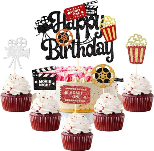 Lot de 31 décorations de gâteau au thème du film - À paillettes - Pour la nuit - Avec appareil photo - Popcorn - Thème Hollywood - Pour fête prénatale - Décoration de gâteau d'anniversaire pour