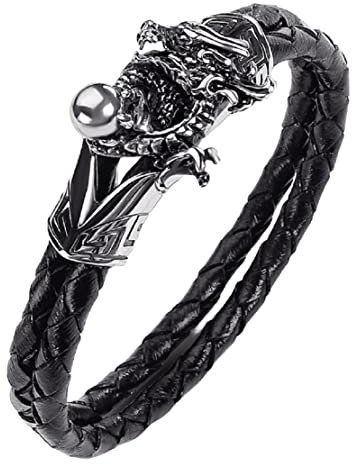 Bracelet Dragon pour Homme, Bracelet griffe de dragon pour garçon, Bracelet jonc dragon viking, Bracelet manchette ouroboros dragon punk, Bracelet en cuir tressé tête de dragon avec perles à griffes