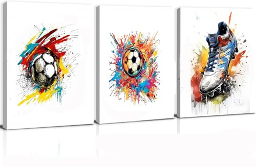 3er Aquarell Fußball Poster für Kinderzimmer Junge,Fussball Wandbilder mit Rahmen,Kinder Fußball Bilder für Jungenzimmer,Sport Bild für Schlafzimmer Wohnzimmer Leinwand 30×40cm (12x16inch,Fußball)