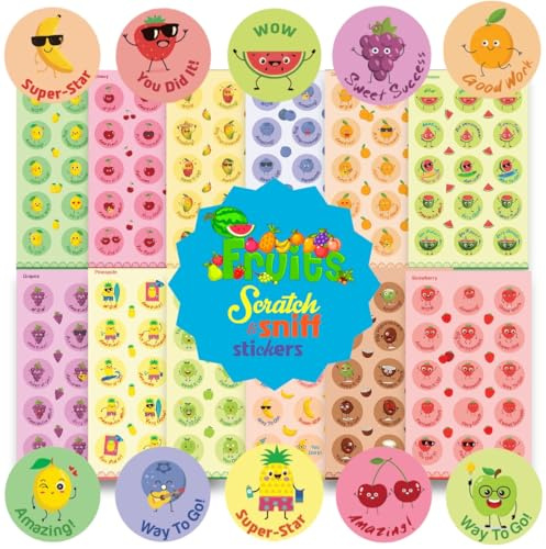Scratch and Sniff Stickers Fruits - 24 Sheets Smelly Sticker Set With12 Different Fruit scents, Motivational Reward Affirmation Stickers for Kids Classroom, Teachers Must Haves (360)