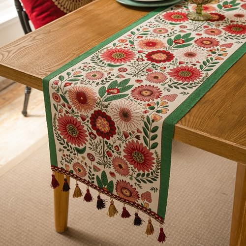 Tischläufer Herbst Tischdeko,Boho Deko Outdoor Tischläufer Salbeigrün Modern Tischdecke Kommode Abdeckung für Herbst Dekoration,Weihnachten Party,Tischdekoration (Blumen, 33*160cm)