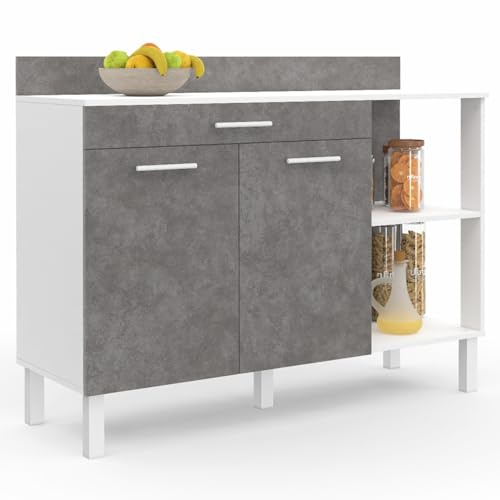 IDMarket - Buffet Bas de Cuisine 120 cm CINA Plan de Travail H.83 cm 2 Portes + tiroir Blanc et Effet béton