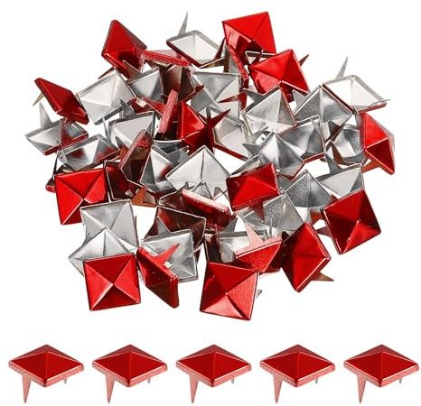 sourcing map 50Pcs Square Pyramid Rivets, 10mm Two-Jaw Studs Spikes, Copper Punk Rock Nailhead Spots for Clothing Bag Leather Shoes (Red)