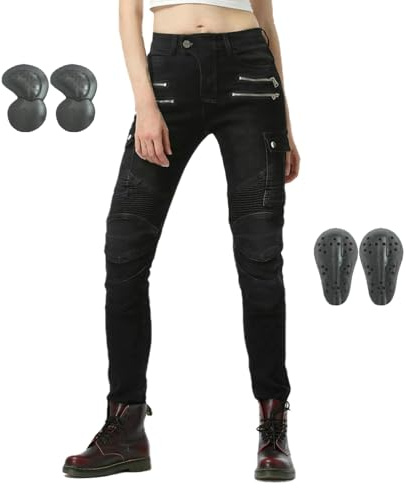 RCLONGEU Motorrad-Jeanshose für Damen, Sturzfeste Jeans mit Geradem Bein und 4 Arten von Schutzausrüstung, Motorradhose für Motorradrennfahrer (Black,M)