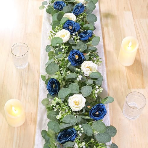 Betylifoy Künstliche Blumengirlande Hochzeit Eukalyptus Girlande 2 Stück, Blumengirlande Blau 180cm Kunstblumen Rosenrebe Girlanden Künstliche Pflanze für Hintergrund Party Dekor