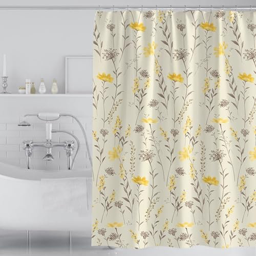 Whoiy Duschvorhang 150 cm Breit Anti Schimmel, Vorhänge in Badezimmer Polyester Textil Stoff Blumen Gedruckt Motiv Wasserdicht Shower Curtain Gelb für Badewanne mit Duschvorhangringe 150 x 200 cm