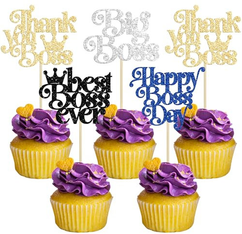 Gyufise 24Pcs Happy Boss Day Cupcake Toppers Glitter Boss Cupcake Toppers Best Boss Thank You Boss Cake Picks for Boss Theme Birthday Party Cake Decoration Supplies Multi