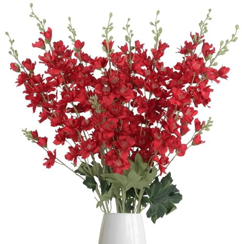 8PCS Long Stem Artificial Delphinium Flowers 33.5'' Larkspur Artificial Flower Red Silk Flowers for Tall Vase Home Wedding Table Centerpieces Decor(Red)