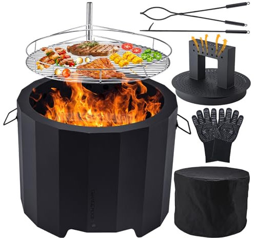 CHANGEMOORE Rauchfreie Feuerschale, 50 cm großer Feuerstellenofen für den Außenbereich mit dreifacher Verbrennung und abnehmbarem Aschebehälter, Feuerstellenabdeckung, Grill, Schürhakenset
