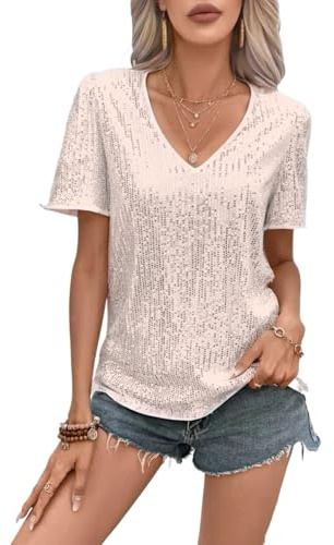 MINTLIMIT Damen Pailletten Oberteil Kurzarm Glitzer Shirt V-Ausschnitt Bluse Party Cocktail Oberteile