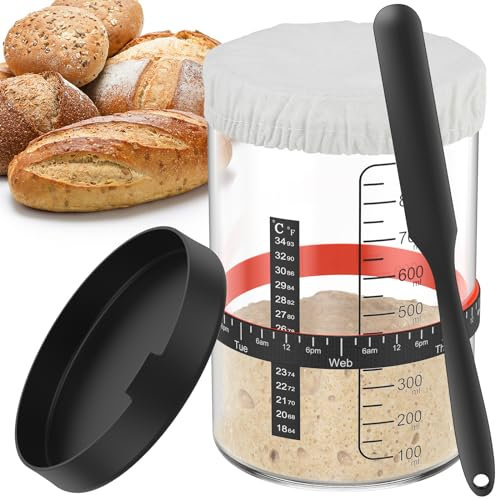 Kit di 6 barattoli di pasta madre in vetro da 900 ml, con termometro, coperchio in legno, copertura in tessuto, anello in gomma, spatola in silicone, forniture per la cottura del pane a lievito