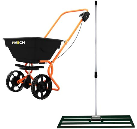 Lawn Leveller & Rotary Spreader Gritter Fertiliser Garden Levelling Rake Lute 100 x 32cm Green Removable Extendable Handle 1.15-1.9m Easy Grip 25kg Capacity Salt Grit Sand Seed Rain Cover & Gloves