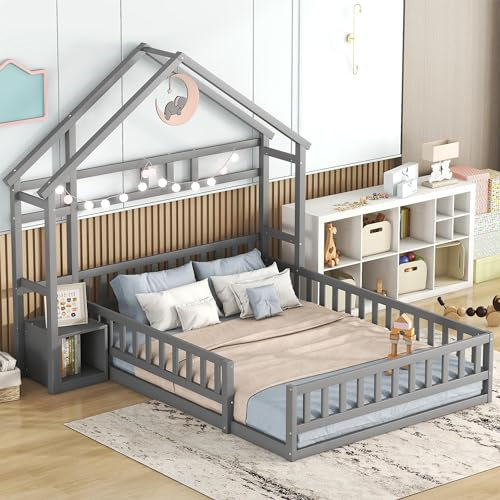 140 x 200cm Kinderbetten, Flachbetten, Hausbetten mit Geländer, Kinderbetten mit Nachttischen, Grau