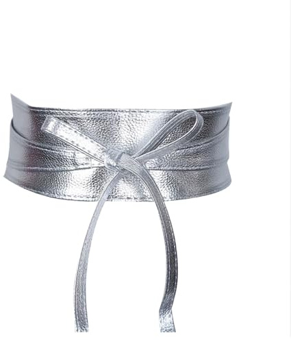 JDGFH Damen Gürtel, Breiter Taillengürtel, Obi Gürtel Breite Spitze Taille Band Kunstleder Cinch Tie Up(Silber)