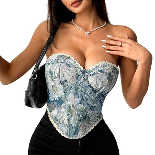 Shyllin Corset Femme, Haut Corset Femme Bustier Renaissance Vintage à Lacets Imprimé Floral (FR/ES, Alpha/lettres, S, Taille normale, Taille normale, Bleu)