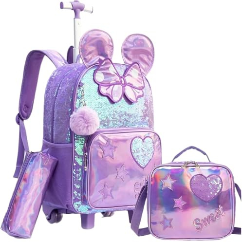 SNGUOQ Schulranzen Mit Rollen 3 STÜCKE Nette Mädchen Rolling Rucksack Grundschule Rucksäcke Mädchen Mit Rädern Zurück Zu Schule Taschen for Kinder Gepäck(Color B)