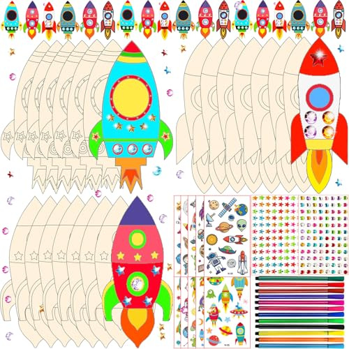 230PCS Raketen Spielzeug für Kinder, Holz-Basteln & DIY, Basteln Kindergeburtstag, Weltraum Kindergeburtstag, Holz Bastelset Kinder mit 24 Holzstücken, 192 Strasssteine, 12 Stifte und 2 Aufkleber (A)