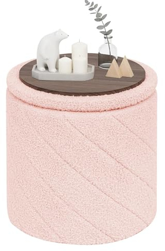 PINPLUS Runder Sitzhocker mit Stauraum, Teddy-Fleece, 33x33x35 cm, Rosa | gepolsterter Hocker mit Deckel, klappbar, Fußhocker, Couchtisch, platzsparend, für Wohnzimmer, Schlafzimmer, Schminktisch