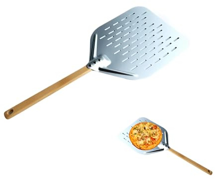 Cecanndila Hochwertiger Pizzaschieber, 40x30cm Großer Fläche，Aluminium Pizzaschaufel, Perforierter Pizza Schieber, Abnehmbarer Eichenholzgriff