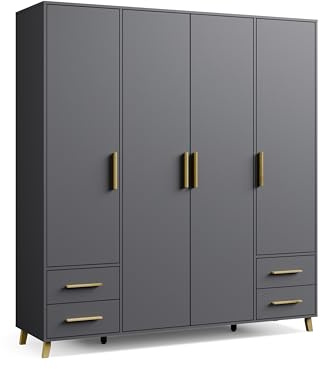 Rauch Möbel Shinjo, Kleiderschrank, Farbe Grau metallic, Breite 187 cm | Schrank, 4-türig, 4 Schubladen, mit Griffen und Füßen aus Massivholz, Zubehör Basic, für Schlafzimmer, Babyzimmer
