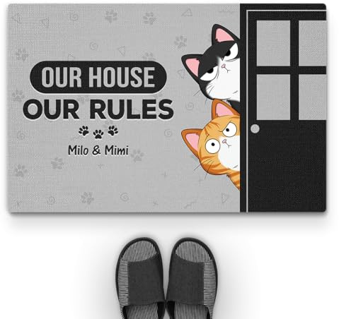 Personal Chic Personalised Door Mat - Our House Our Rules - Funny Cat Doormat, Welcome mat, Gifts for Cat Lovers, Personalised Rug, Cat rug, Entrance door mat, Custom Door Mat (#2)