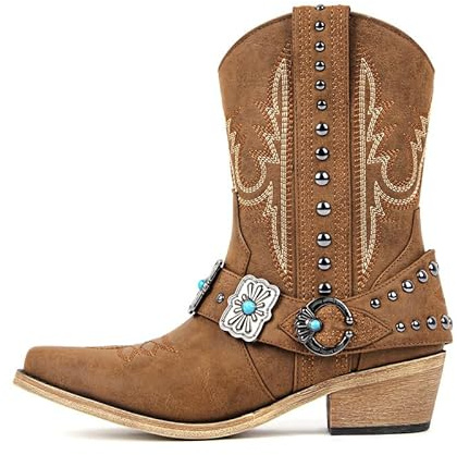 Only maker Cowgirl Western Boots for Women-Ankle High Embroidery Pointed Toe Cowboy Rodeo Country Concert Shoes Boot Brown US9