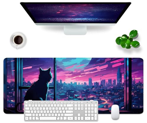 VYEUIAO Musmatta XL Stor Skrivbordsmatta Lila 80 x 30 cm (Katt och Stad - 1)