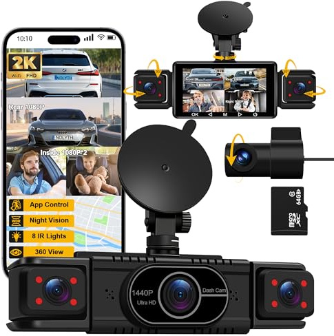 NOLYTH Dash Cam Front and Rear: 4 Channel 360° View Dashcam 2K Front and 1080P Inside/Left Right Rear Cameras for Car 5G WiFi APP Control Free 64GB Card Night Vision G-Sensor 24H Parking Mode