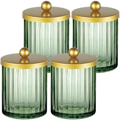 Amolliar Green Glass Qtip Holder Dispenser, Bathroom Canister, Gold 4 Pack | Apothecary Jar for Cotton Swabs, Cotton Balls, Floss Picks, Countertop Storage Organizer Container for Vanity, Bathroom Decor