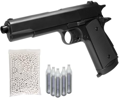 Pistola Softair 1911, Bundle Completo: Pistola a Pallini, 5 bombolette Co2, 1000 Pallini 6mm - Airsoft, Pistole Softair, colore nero, potenza 0,9 joule (Bundle completo)