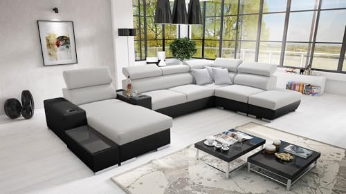 IM SOFA PERS V XXL Ecksofa U-Form mit Bettfunktion Wohnlandschaft Couch Wohnzimmer freistehend verstellbare Kopfstützen 3 Dekokissen modernes (Hellgrau Sawana + Schwarzes Kunstleder, Links)