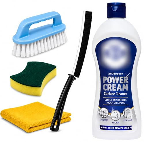 Bar Keepers Friend Power Cream Cleaner Bundle With Crevice Cleaning Brush, Cleaning Sponge, Kirkland Microfibre Cloth And Scrubbing Brush With Handle - Brass Cleaner And Quartz Worktop Cleaner