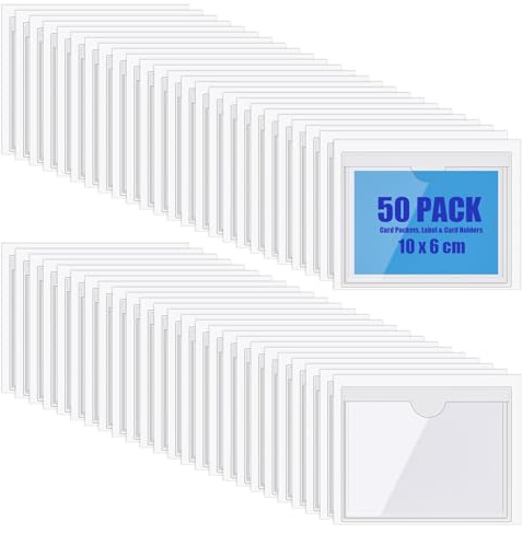 50 Stück Etikettenhalter Selbstklebend, Etikettenhalter 10 x 6 cm | Transparent Visitenkartentaschen Selbstklebend, Visitenkartenhüllen Kleben für Zuhause Büro Schule