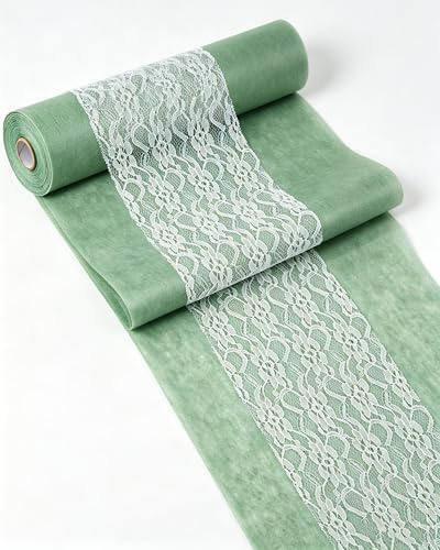 Vlies Tischläufer Grün 30cm x 25m & Weiße Spitzenbänder 15cm x 25m | Tischband Tischdeko Set, Einweg Vlies Stoffähnlich Tischdecke Rolle für Hochzeit, Taufe Kommunion Konfirmation