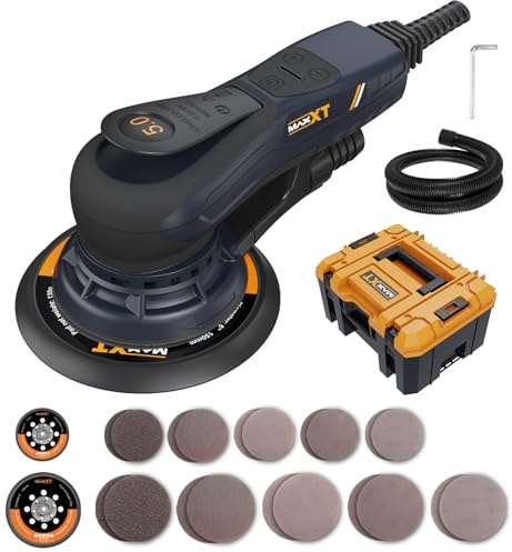Ponceuse excentrique MAXXT 5,0 mm brushless | Moteur EC 350W | Plaque double 150 mm & 125 mm | 4000-10000 tr/min | Malette moulée | Avec 20 papiers de ponçage pour travail du bois et polissage