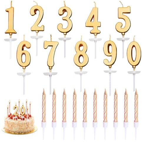 20 Pezzi Champagne Compleanno Candele Numeri, Numero 0 a 9 Glitter Torta Topper Decorazione, Candele di Compleanno Lunghe, Torta Numerale Candele, per Feste e Compleanni Matrimonio