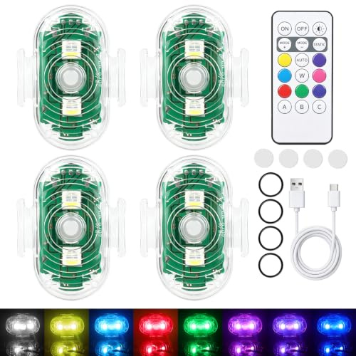 FENYW 4 Pezzi Luci Stroboscopiche Drone LED, 8 Colori Ricarica USB Lmpermeabile Luce a LED, Luci Stroboscopiche Senza Fili con Telecomando, Ricaricabili USB Strobe Drone Light per Motocicletta