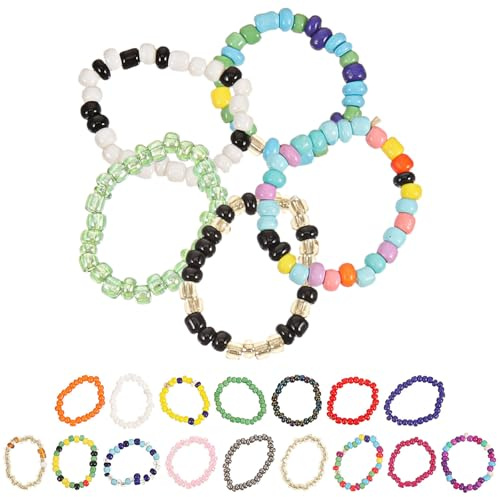 WATIIFUFU 21 Stück Sommerkreatives Bunter Perlenringe aus Glas für Mädchen und Frauen Verstellbare Stylische Ringdekoration für Sommerliche Partys Zufällige Farbe