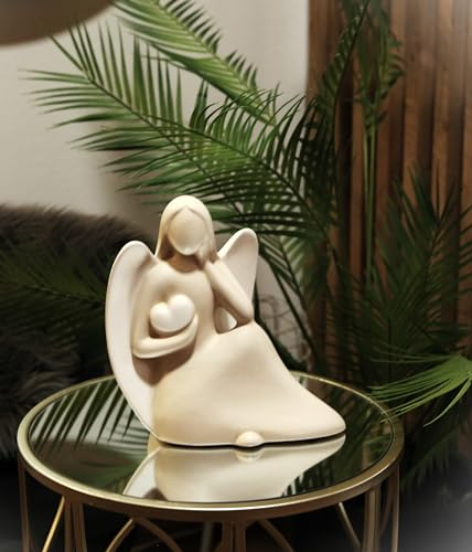 GILDE Deko Engel Figur mit Herz - Schutzengel Figur aus Keramik - Engel Geschenk Taufe Kommunion Hochzeit Glücksengel - Farbe: Creme Weiß Höhe 27 cm