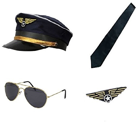 Captain Pilot Kit - Hat, Sunglasses, Aviator Pin Badge & Tie Fancy Dress
