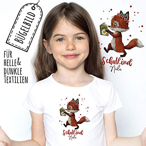 Bügelbilder zur Einschulung Fuchs mit Buch & Wunschname Schulkind Applikation Kissen Shirt Taschen Bügelbild Patch in A5 bb185 ilka parey wandtattoo-welt®