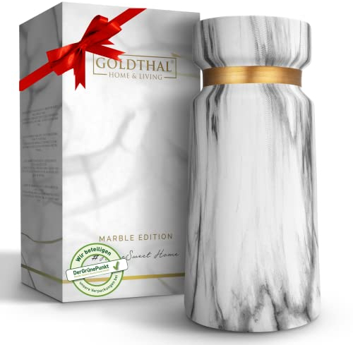 Goldthal® Premium Vase aus Keramik im Boho Style für Blumen, Pampasgras,Trockenblume, H22cm - weiße Marmor-Optik schlicht & modern -Deko-Elementen -mit Goldring