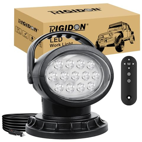 RIGIDON 38W 3800LM Lámpara trabajo led portatil, Estroboscópica control Remoto Rotatorio 360° faros con imán, Focos led exterior para off road camión coche 4x4 Bote, Spotlight, Luz de Búsqueda