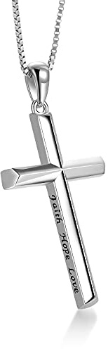 YAFEINI Collier croix en argent sterling religieux gravé foi espoir amour croix pendentif collier bijoux pour femmes filles unisexe
