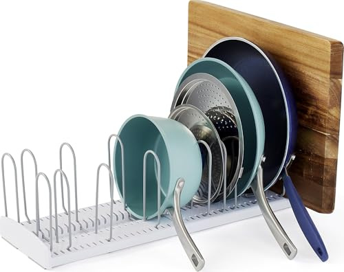 YouCopia StoreMore Expandable Pan and Lid Rack, Adjustable Pot Lid Organizer for Kitchen Storage, 12.5”-22” Wide,White