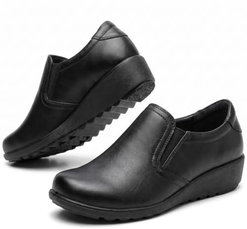Cushion Walk EEE Extra-Wide Fit Slip-on Low Wedge Shoes for Women UK | Faux Leather, Low Wedge, Elastic Side Panels, Massage Insock, Ladies Casual Work Office Comfort Shoes, Loafers