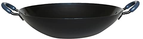 YYUINU Wok grande de hierro de doble oído con base redonda, sin revestimiento, estilo antiguo tradicional, 42 cm