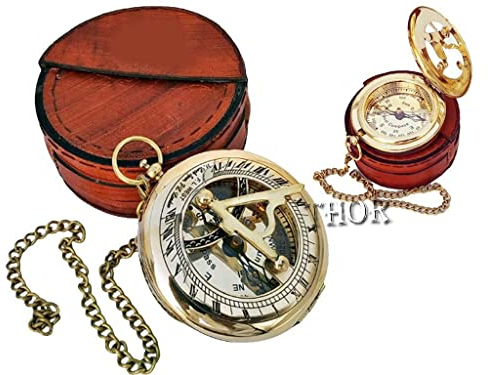 Hermosa brújula de latón con caja de cuero marrón y cadena, brújula abierta a presión, camping, senderismo, steampunk, accesorio de acabado de latón, reloj de sol, aniversario, regalo hecho a mano de